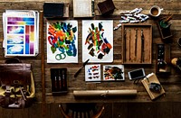 Aerial view of artistic euqipments painting tools on wooden table