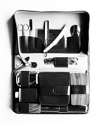 Man shaving kit leather case grayscale