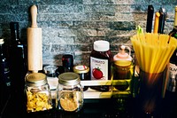 Kitchen condiments and objects on counter top