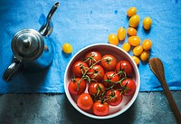 Closeup of fresh organic tomatoes in bowl