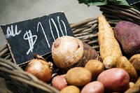 Closeup of fresh organic potatoes on sell