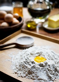 Preparation of ingredients for pastry bread on wooden table