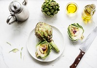 Chopped artichokes in a plate on a table