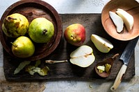 Aerial view of fresh pears on wooden table