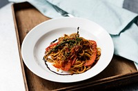 Food styling spaghetti plate closeup