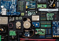 Aerial view of computer electronics componets parts flatlay