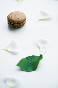 Macaroon petal and leaves isolated on background