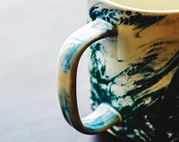Closeup of blue and white ceramic cup