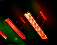 Red fluorescent lamp hanging from the ceiling