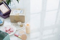 Woman cosmetics on marble table