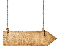 Wooden arrown hanging from ropes.