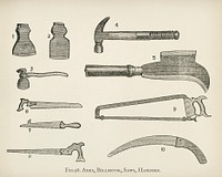The fruit grower's guide : Vintage illustration of axes, billhook, hammer, saws