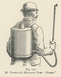 Vintage illustration of eclair, vermorel's knapsack pump digitally enhanced from our own vintage edition of The Fruit Grower's Guide (1891) by John Wright.