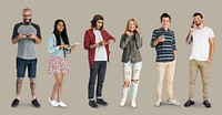 Various of diversity people standing using digital electronic on background