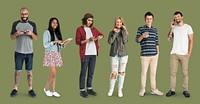 Various of diversity people standing using digital electronic on background