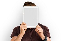 Man Digital Tablet Face Covered Copy Space Technology Concept