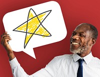 Businessman holding speech bubble with star icon