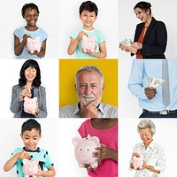 Collection of people saving money in piggy bank