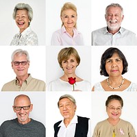 Set of Diversity Senior Adult People Face Expression Studio Collage