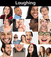 Collage of people with laughing face expression
