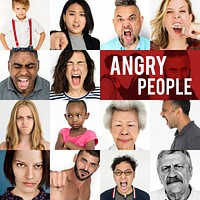 Set of Diversity People Angry Face Expression Emotion Studio Collage
