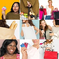 Set of Diverse Women Enjoying Sale Buy Shopping Studio Collage