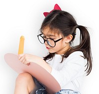 Little Girl Wear Glasses Hands Hold Pencil