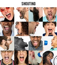 Collection of diversity people shouting and screaming