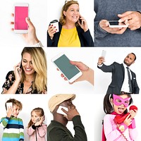 Set of Diverse People Using Telephone Studio Collage