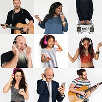 Set of Diversity People Listening Music Studio Collage