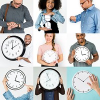 Set of Diverse People With Time Management Studio Collage