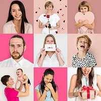 Set of people collage with love sign and gift studio shoot