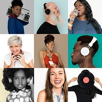 People Set of Diversity People Listening Music Studio Collage