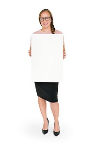 Woman Smiling Holding Banner Copy Space