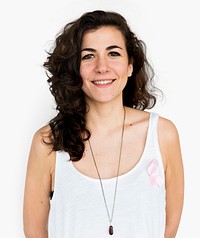 Woman Smiling Happiness Pink Ribbon Breast Cancer Awareness Concept