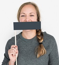 Caucasian Woman Holding Flag Covering Mouth