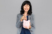 Businesswoman Smiling Happiness Piggy Bank Savings