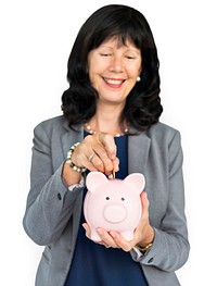 Businesswoman Smiling Happiness Piggy Bank Savings