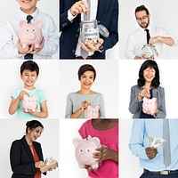 Set of Diversity People Saving Money by Piggy Bank Studio Collage