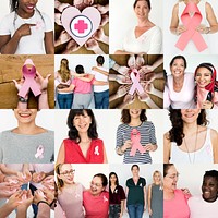 Collection of women with pink ribbon breast cancer symbol