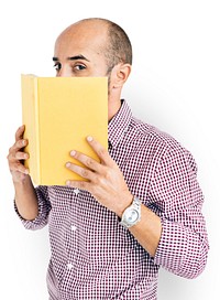 Man Holding Book Cover Mouth Concept