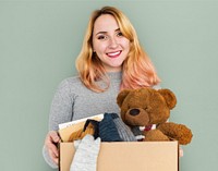 Woman Studio Portriat Casual Carrying a Box Isolated