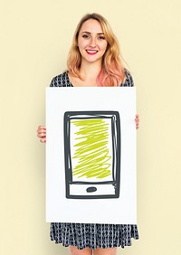 Woman Holding Placard with smart phone icon