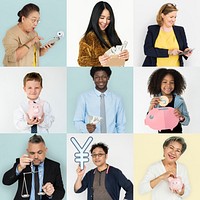 Set of Diversity People with Money Savings Future Plan Studio Collage