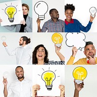 Set of Diversity People Holding Light Bulb Studio Portrait