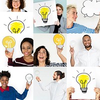 Set of Diversity People Holding Light Bulb Studio Portrait