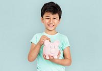 Little Boy Kid Adorable Cute Piggy Bank Saving Portrait Concept