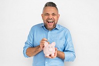Man Smiling Happiness Piggy Bank Saving Portrait Concept