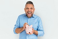 Man Smiling Happiness Piggy Bank Saving Portrait Concept