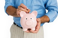 Man Holding Piggy Bank Saving Portrait Concept